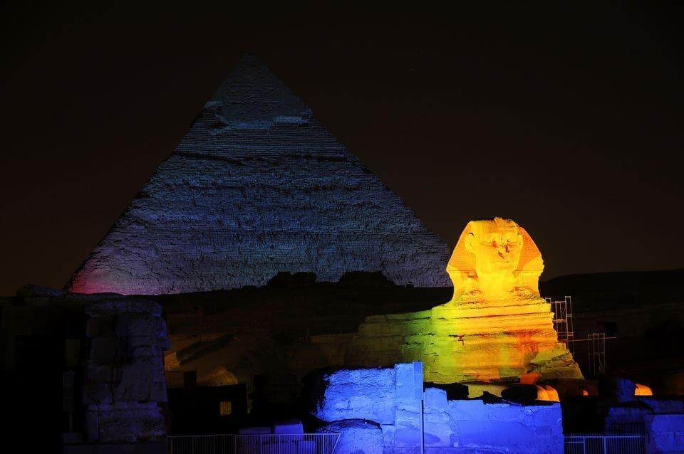 Light show at the pyramids of Giza.